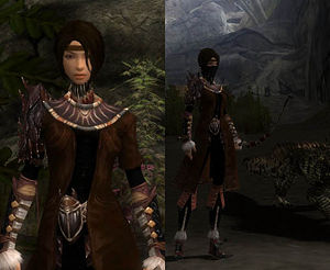 Farie Alvane My most tragic character of all (after Vima Moonrider who committed suicide after reaching level 20 and realizing that she had nothing to live for). One morning I woke up and all I could think was that I HAVE to make a girl ranger with black hair. I decided that I wanted to try to get the survivor title again, and this time only give up after reaching legendary. Everything was well, I had quite a bit experience already and I knew how to keep her alive. She was wearing yellow clothes and she was like a little sunshine. I'm not sure what happened but some time after reaching the indomitable, she died... I blamed the connection problems but it was really just me being too careless and thinking that I could do anything. Farie (whose real name would have been Farië if guild wars recognised normal letters) was killed somewhere in Sunjiang district by a bunch of poisoning Am Fah. I hate Am Fah. After her untimely death Farie firstly became a vampire just to annoy people in AB. Then she bought black ancient armour leggings and coat. And finally she got herself a crocodile companion (Leonardo), selling the old faithful crane (Michelangelo) for 100g because it reminded her too much of the sweet little thing she once was.