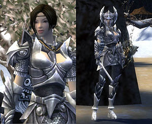 Lei Sunrider I have tried playing a warrior MANY times but for some reason I always end up deleting the character about at the time they reach level 20. It's just not fun. Also, there is only one set of armour that I like, and the only place to get it is in Droks. One day I was hanging in the broken Ascalon and someone was selling Murakai's blade for a supercheap prize. I LOVE that sword so much. I bought it immediately and realised that unless I create a warrior, I'm never going to see this pretty thing in action. So that's where Lei was born. she was naturally canthan and somehow won my heart. Rael was offering me a lot of help in becoming a proper warrior and I'm sure that also played a role. He also helped me to get to Droks to get the right clothes, and after that she has been my white valiant warrior.