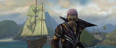 Necromancer wearing Vabbian Armor with Lion's Arch harbor in the background.