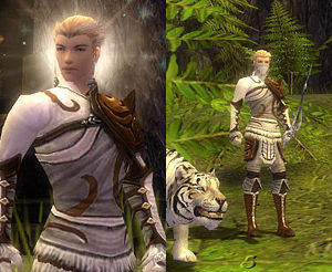 Gwydion Starfall I got my first green drop, Ryver's shortbow. I was so excited that I created a ranger to use it. He became my first and last male character. The canthan armour dyed so nicely all white that there wasn't really any options when it came to his looks. He became my little angle boy with white hair and all (eventually I got a BEAUTIFUL aureate longbow that I dyed white and it replaced ryver's bow). Naturally, a white tiger was the only choice. I named it Anaxagoras, and to be honest, I have no idea where I got it from. He always wanted to be a treasure hunter and now he is mostly located in the kurzick forest, finding chests.