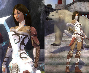 Sandro Alvane I just don't know why. But I had to. So once more I had a ranger. There is just something in them. They have all the best faces and clothes. Sandro started identifying gold items to pass the time, got herself a storm bow as a gift, dyed her clothes from black to white to match it, and eventually got herself a polar bear to complete the image. She is my only hammer ranger, but I'm not too crazy about the build.