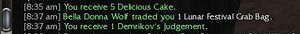 Chat log entry showing trade for Lunar Festival Grab Bag (character's name censored), followed by "You receive 1 Demrikov's Judgement."