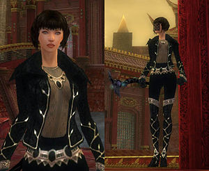 Nomi Onasi In nightfall, dervishes and paragons didn't really appeal to me, so I decided that it was time to create myself a mesmer. From the beginning I knew that one day she would have a black outfit with gold. Her life was fairly easy, and despite all the rumours, she is NOT the black widow from Cluedo. We were doing friendly scrimmage duels with our alliance once, and suddenly my ping got up to 81 000. I heard later that all the other people saw was Nomi in a rampage, attacking mercilessly an innocent guildie who was begging her to stop, chasing her around the area, hitting her with a staff. Once in a while my messages got through and Nomi was randomly shouting YOU MUST KILL ME. Eventually they united their forces, saved Solleks and killed the berserk mesmer. Good times.